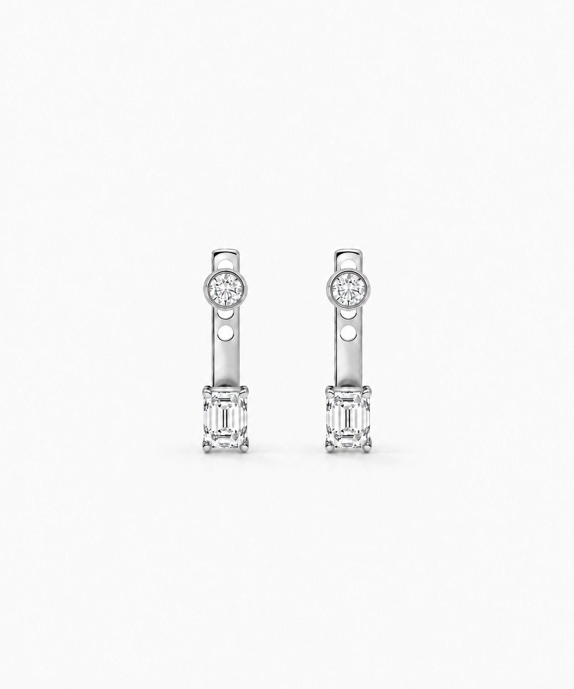 Clara Emerald-Cut Jacket Earrings — Silver on white background