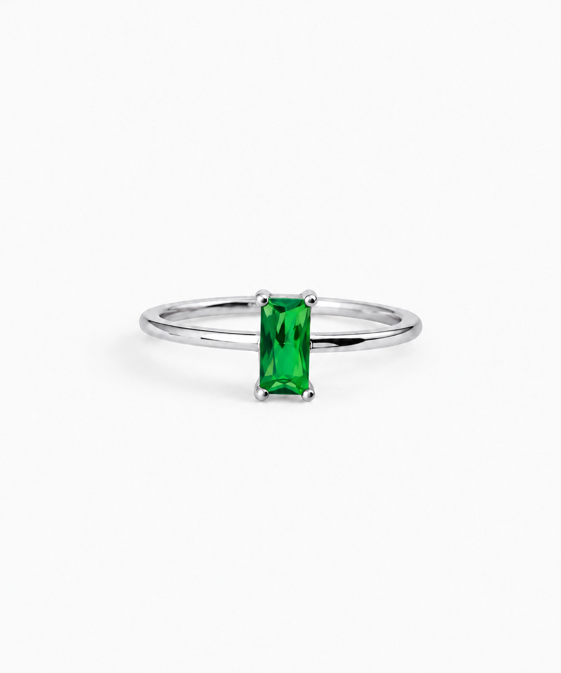 Canara Baguette Emerald Ring in silver on white background