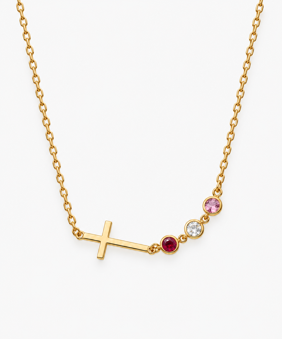 Inès Cross Birthstone Necklace — Yellow Gold on white background