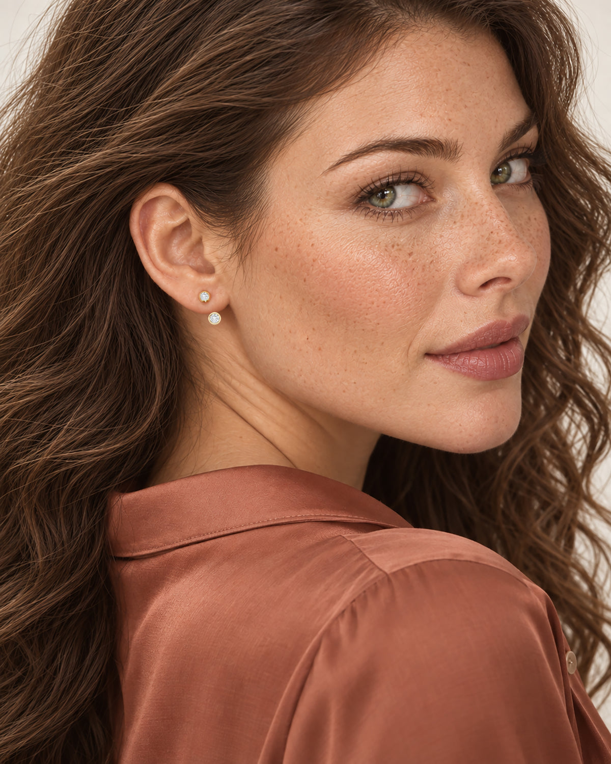 Elise Round Bezel Jacket Earrings in gold, worn on model