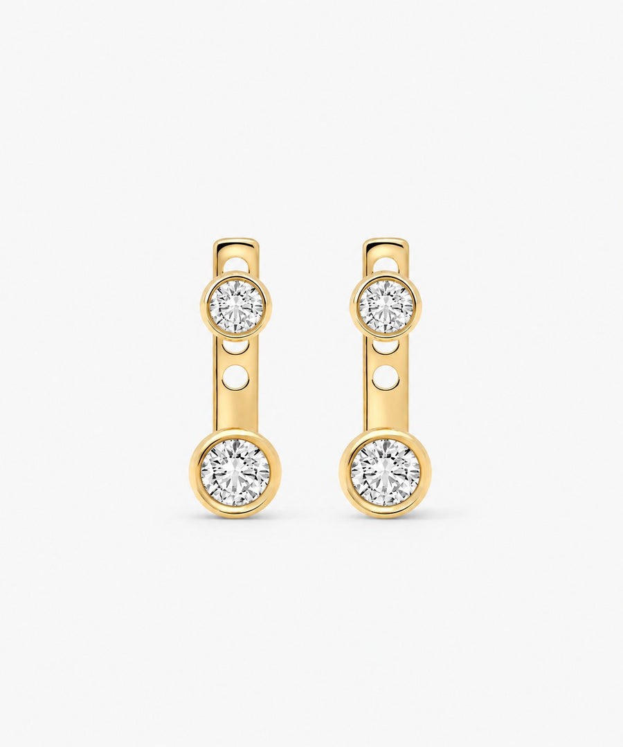 Elise Round Bezel Jacket Earrings — Yellow Gold on white background