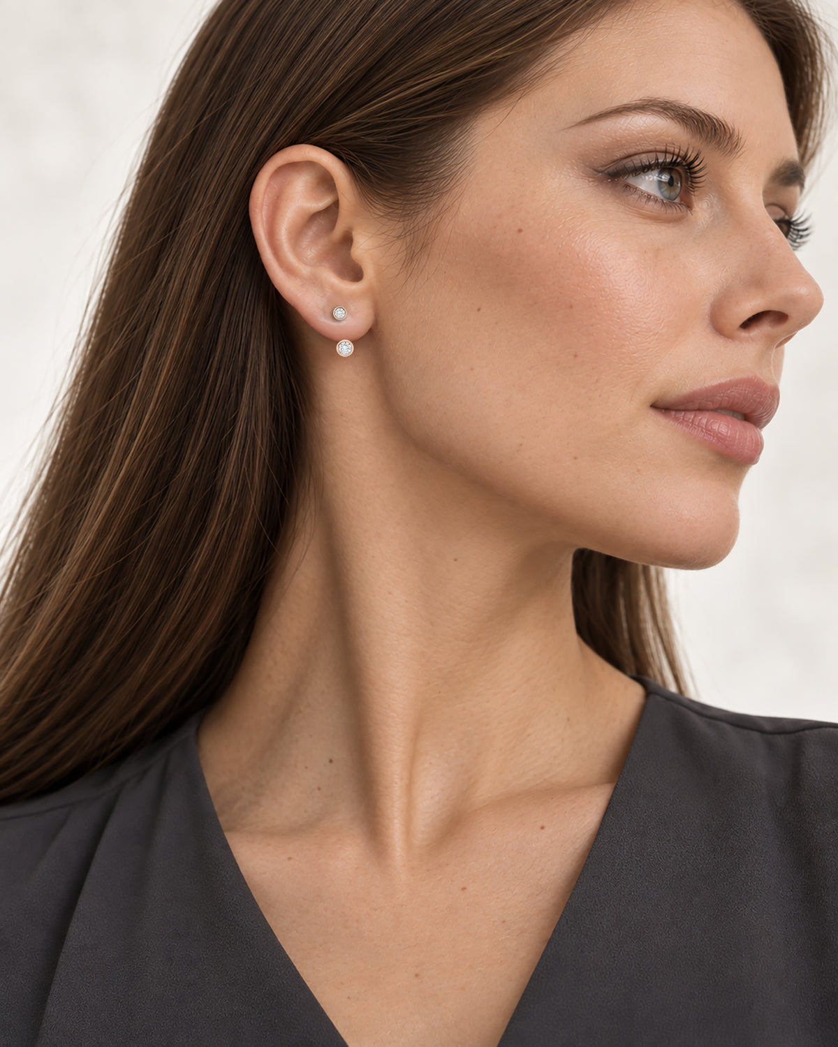 Elise Round Bezel Jacket Earrings in rose gold, worn on model