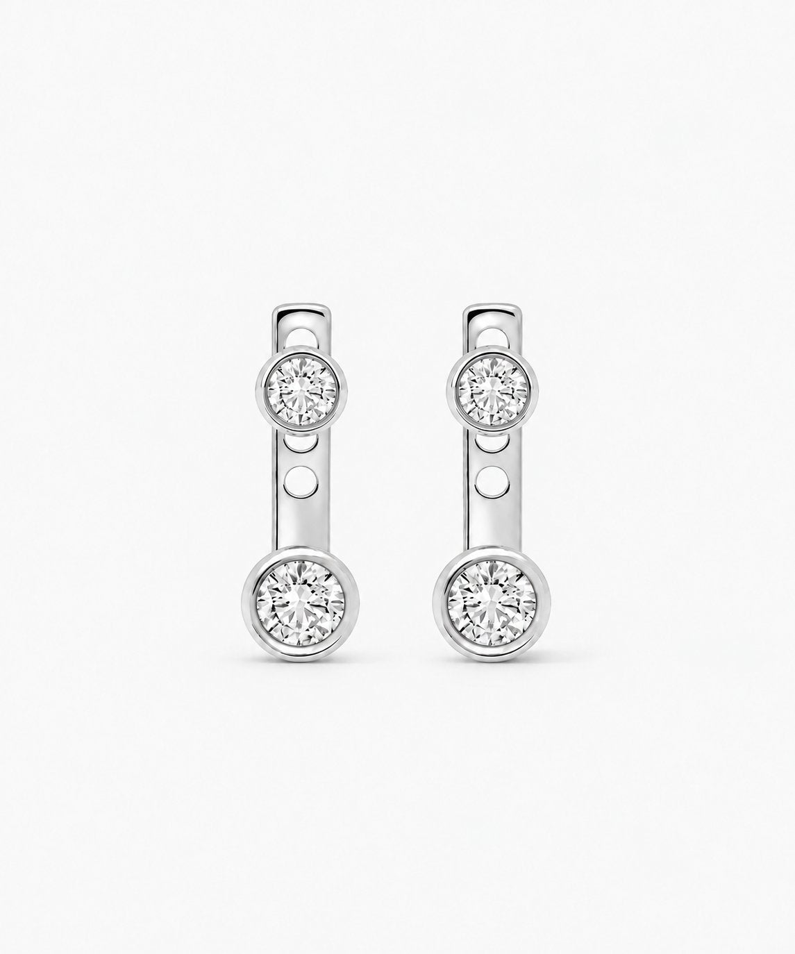 Elise Round Bezel Jacket Earrings — Silver on white background