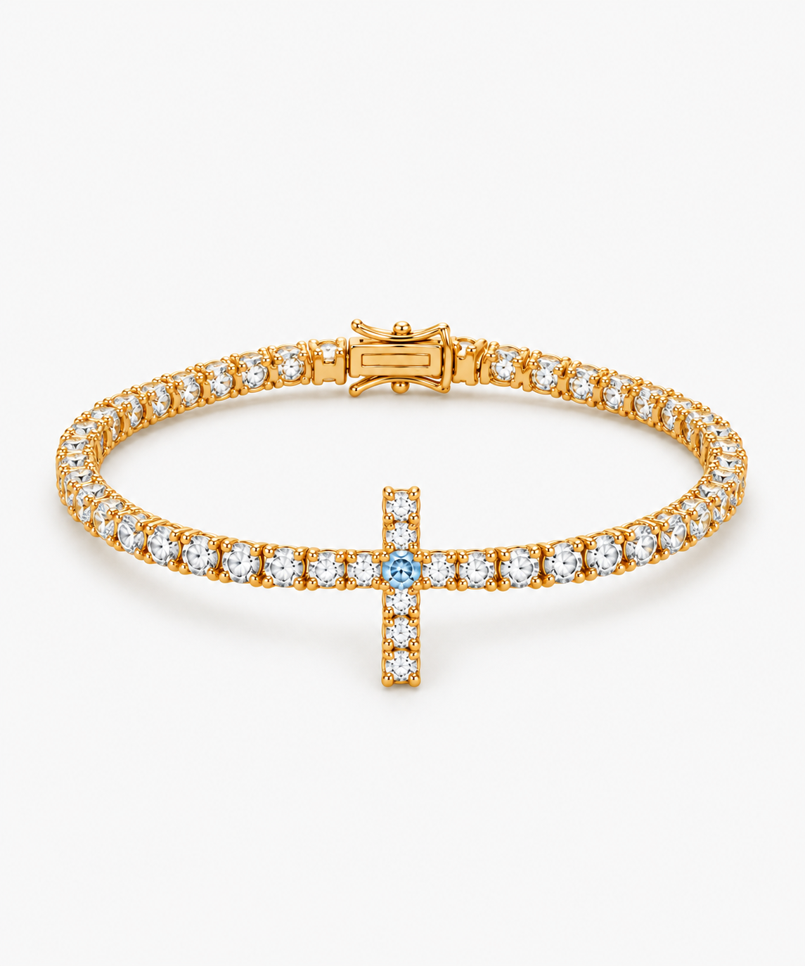 Evangelina Cross Birthstone Tennis Bracelet — gold on white/gray background