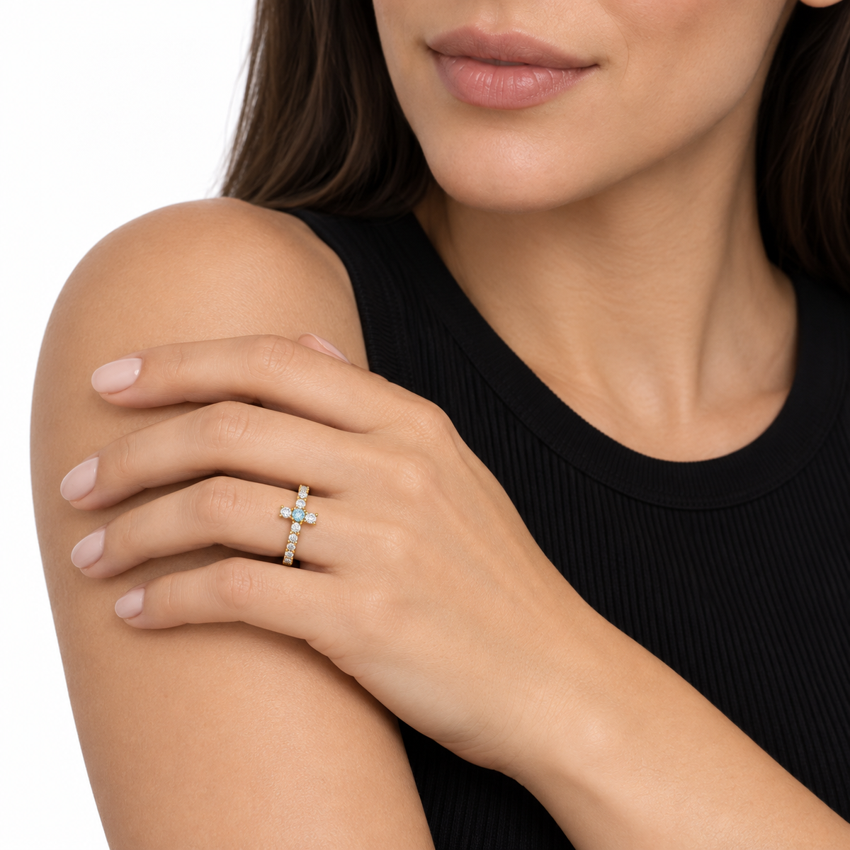Evangelina Cross Birthstone Tennis Ring gold model 2