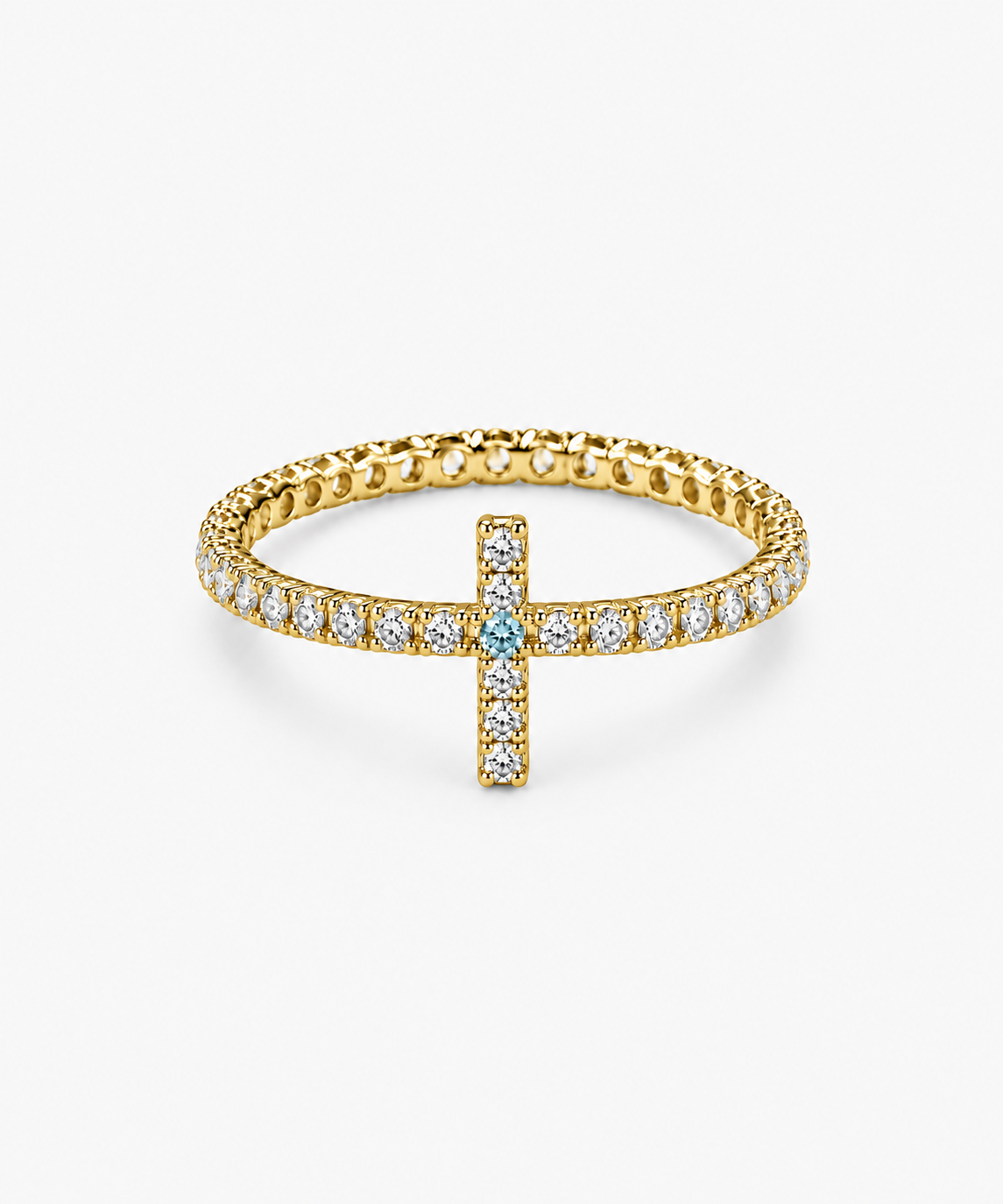 Evangelina Cross Birthstone Tennis Ring — gold on white/gray background