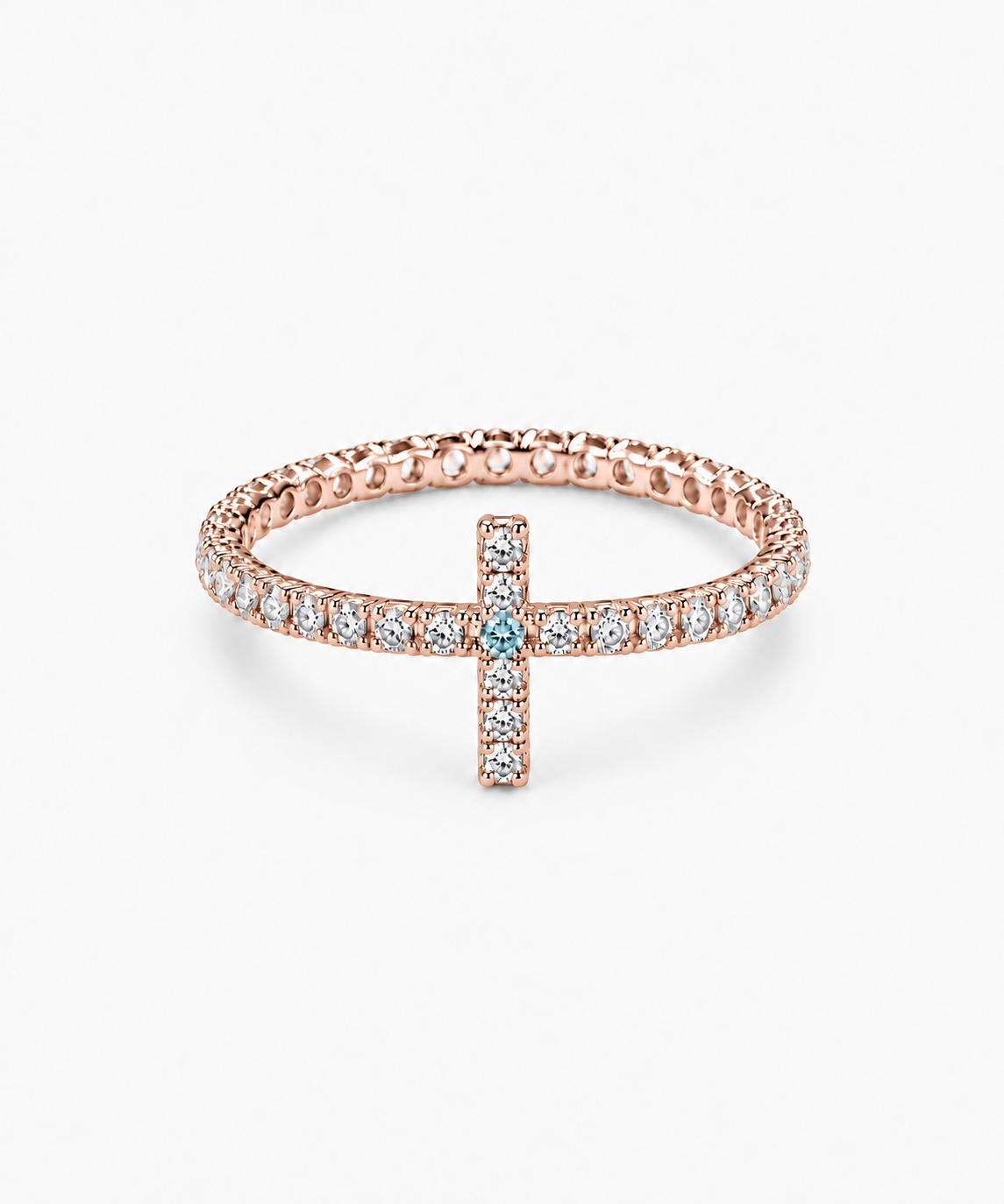 Evangelina Cross Birthstone Tennis Ring — rose gold on white/gray background