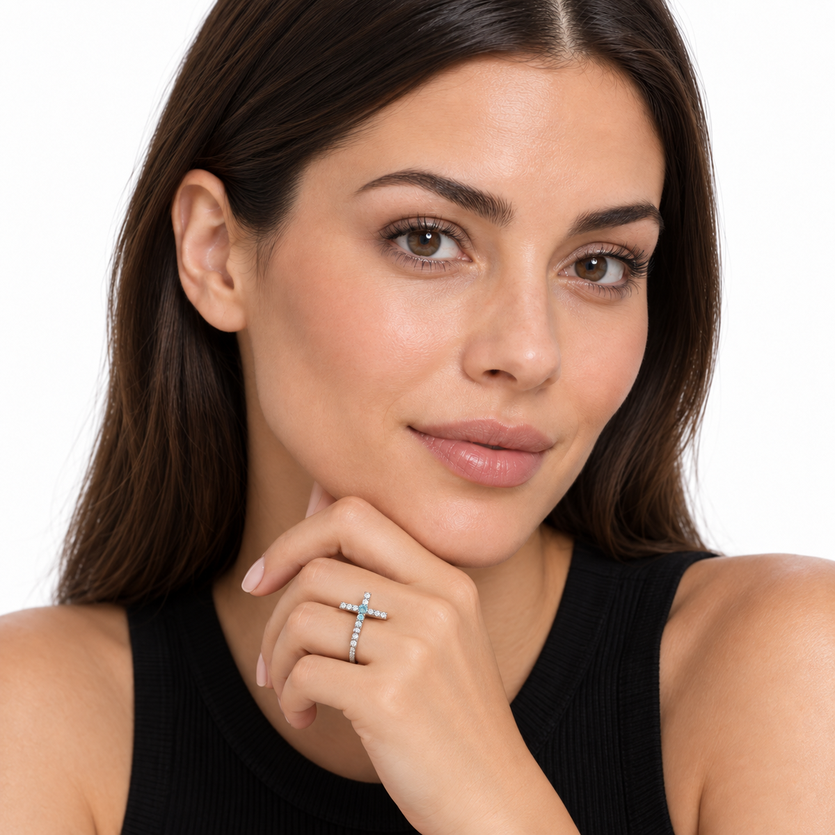 Evangelina Cross Birthstone Tennis Ring silver model 1