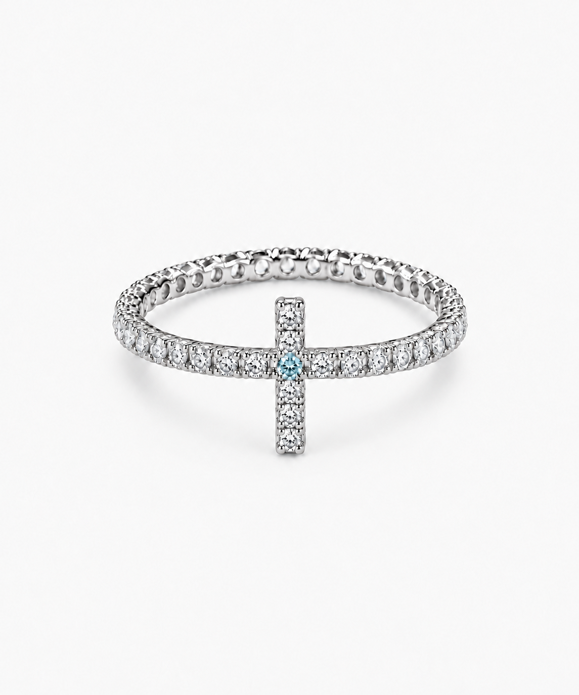 Evangelina Cross Birthstone Tennis Ring — silver on white/gray background