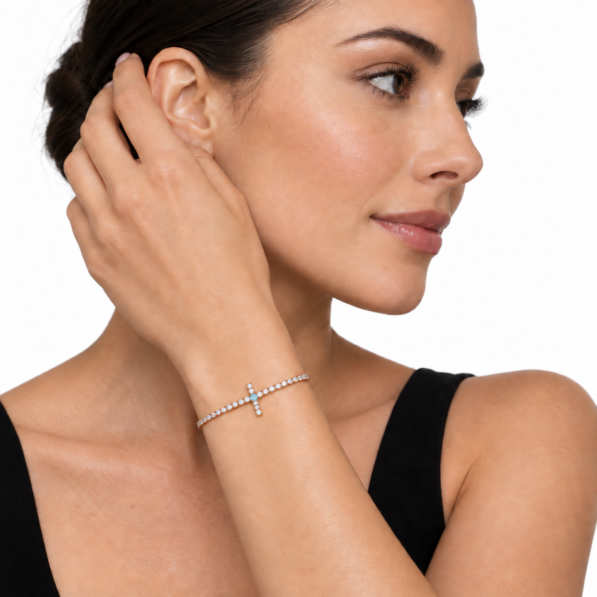 Evangelina Cross Birthstone Tennis Bracelet rose gold model 1