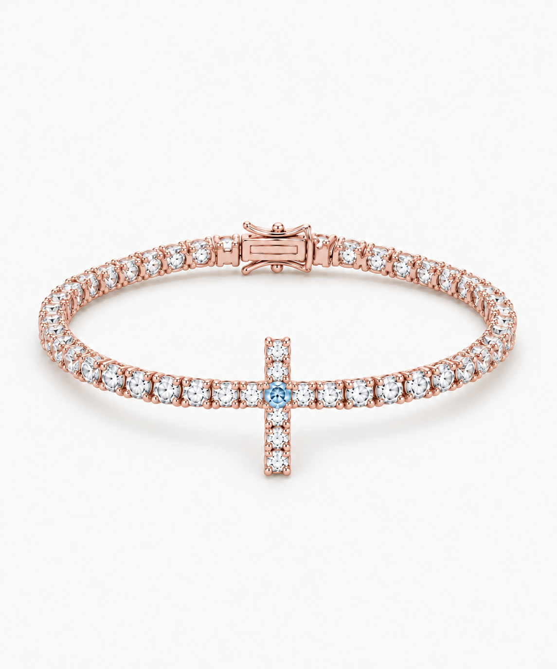 Evangelina Cross Birthstone Tennis Bracelet — rose gold on white/gray background