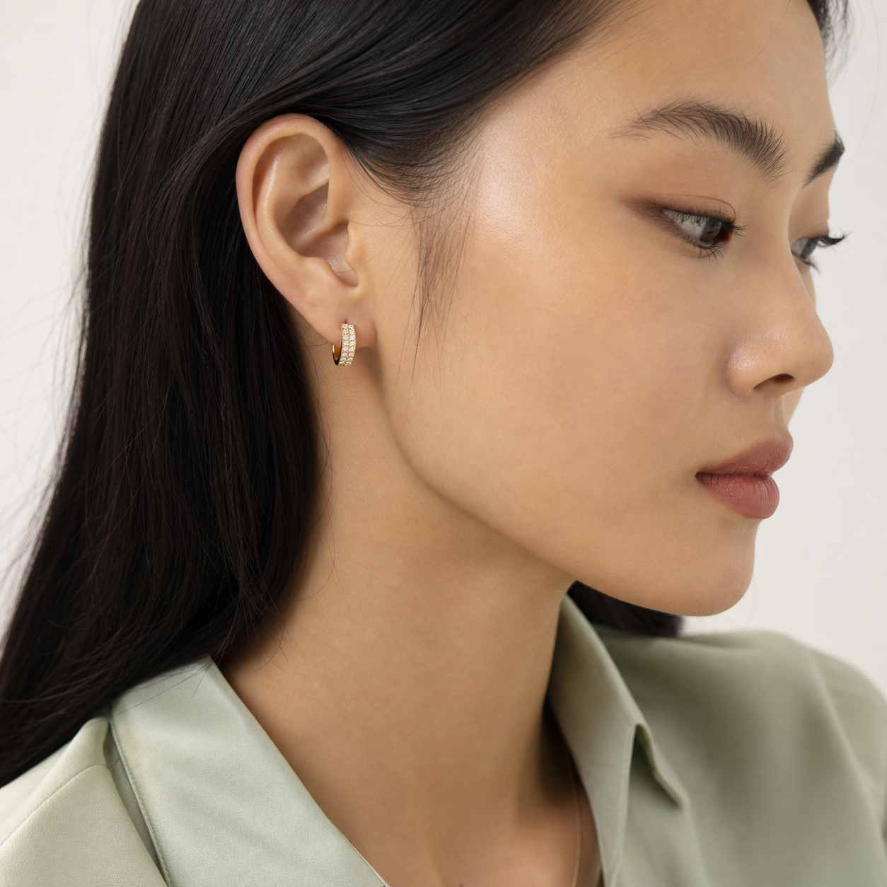 Lyra Diamond Double Row Huggie Earrings model 02 by SURI