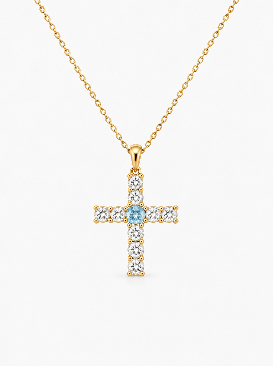 Evangelina Cross Birthstone Pendant Necklace — gold finish on white background