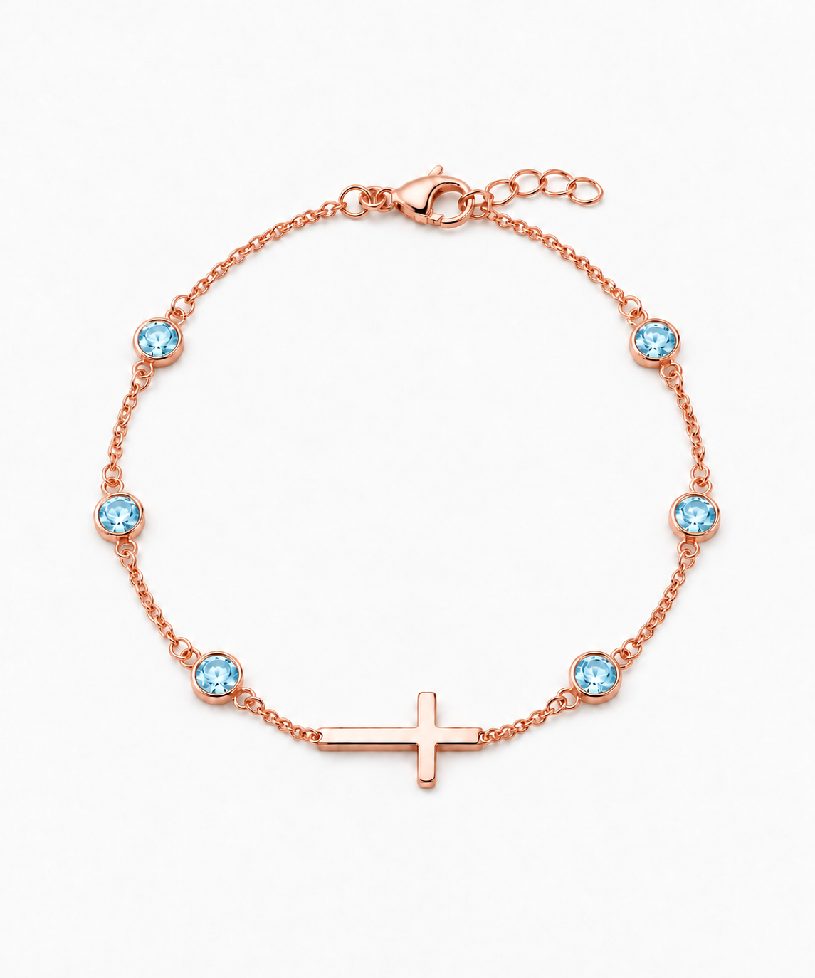 Marina Aquamarine Blue Birthstone Cross Bracelet — Rose Gold on white background