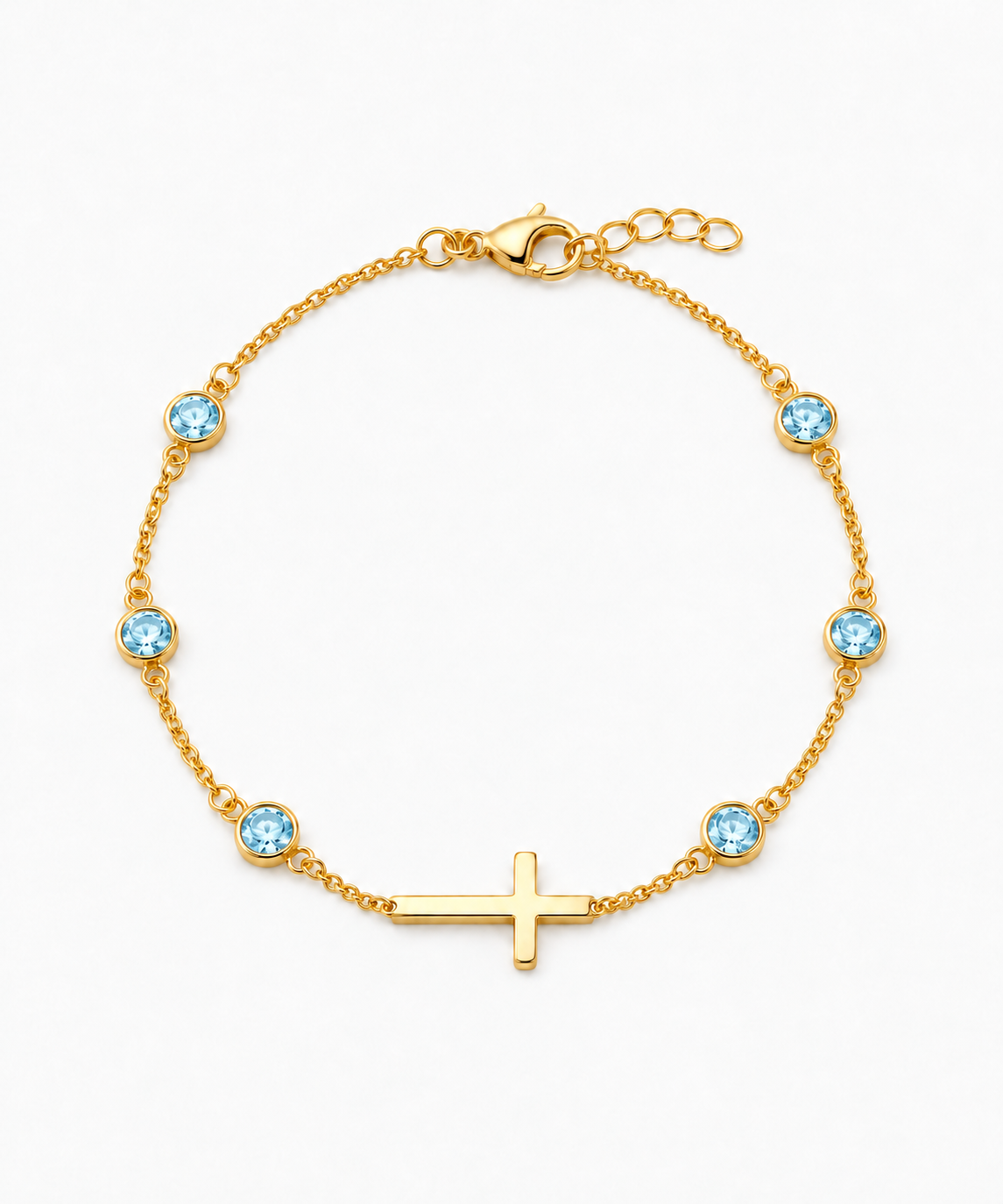 Marina Aquamarine Blue Birthstone Cross Bracelet — Yellow Gold on white background