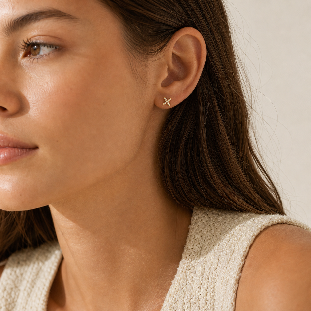 Sora Pave X Stud Earrings model 01 by SURI