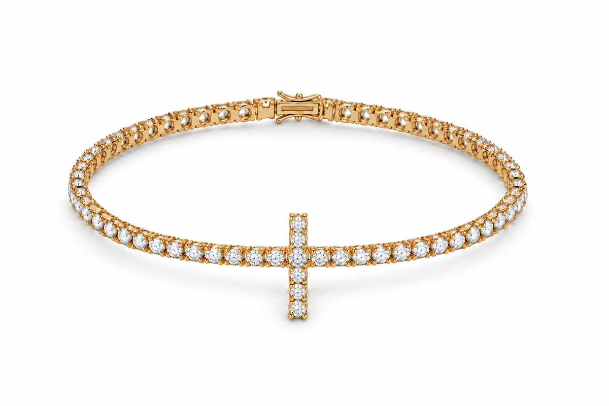 Rosalia Cross Tennis Bracelet gold white background