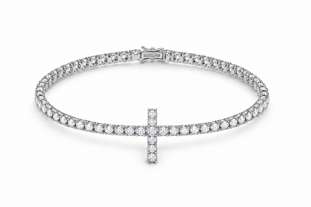 Rosalia Cross Tennis Bracelet silver white background