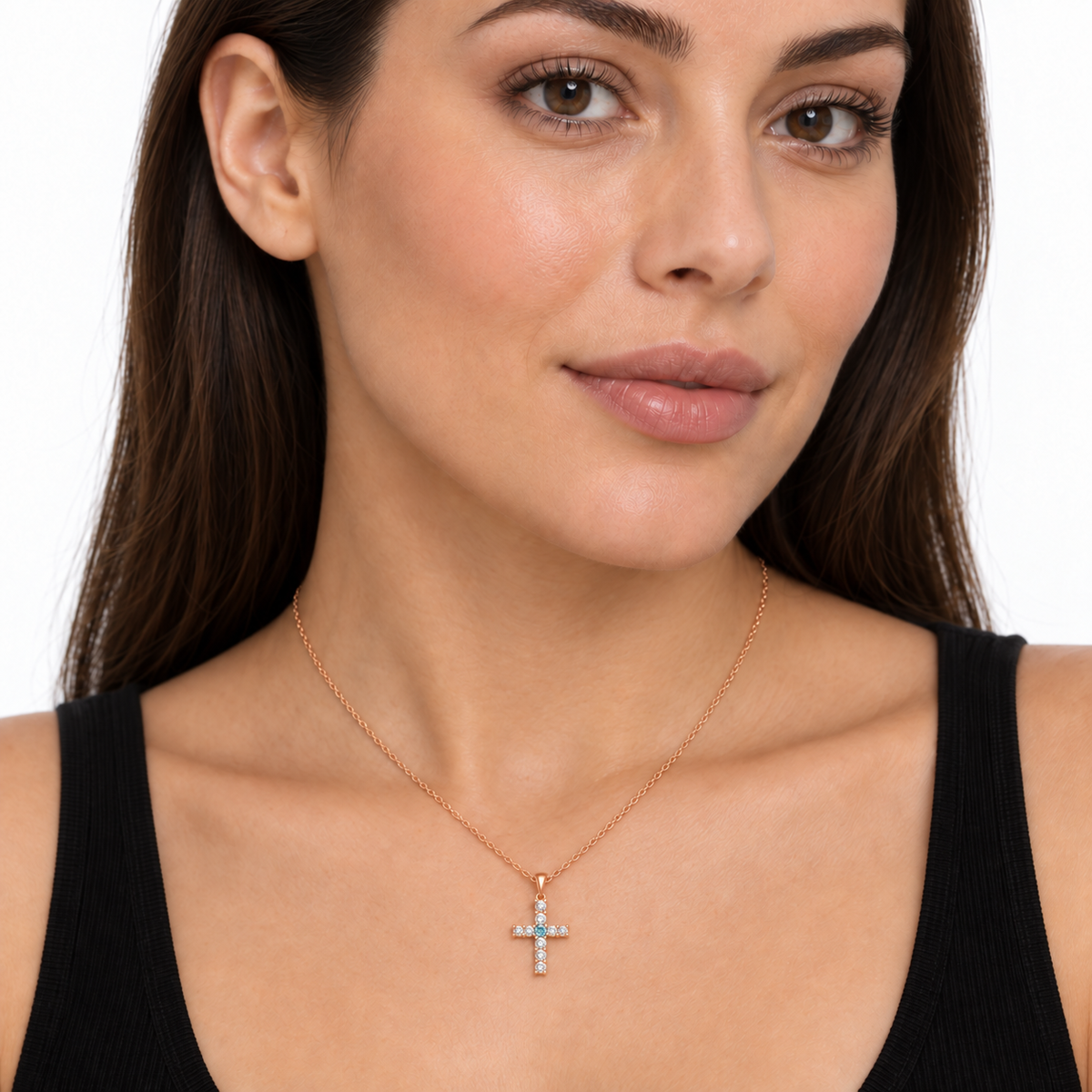 Evangelina Cross Birthstone Pendant Necklace rose gold model 2 small
