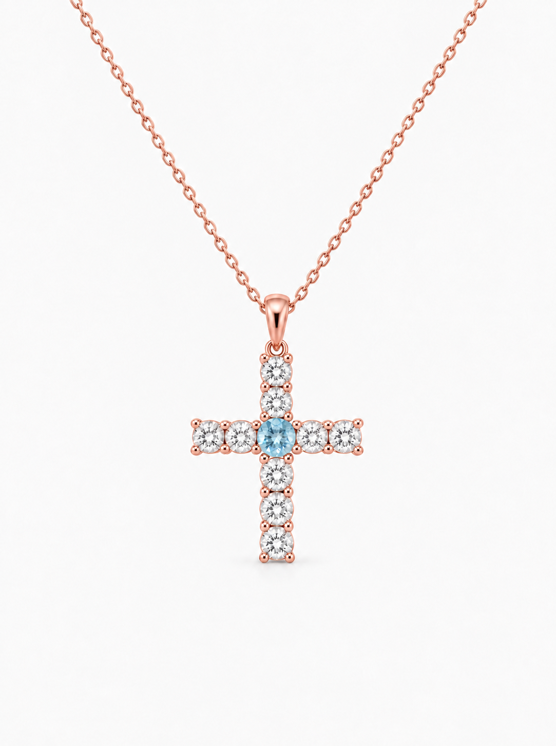 Evangelina Cross Birthstone Pendant Necklace — rose gold finish on white background