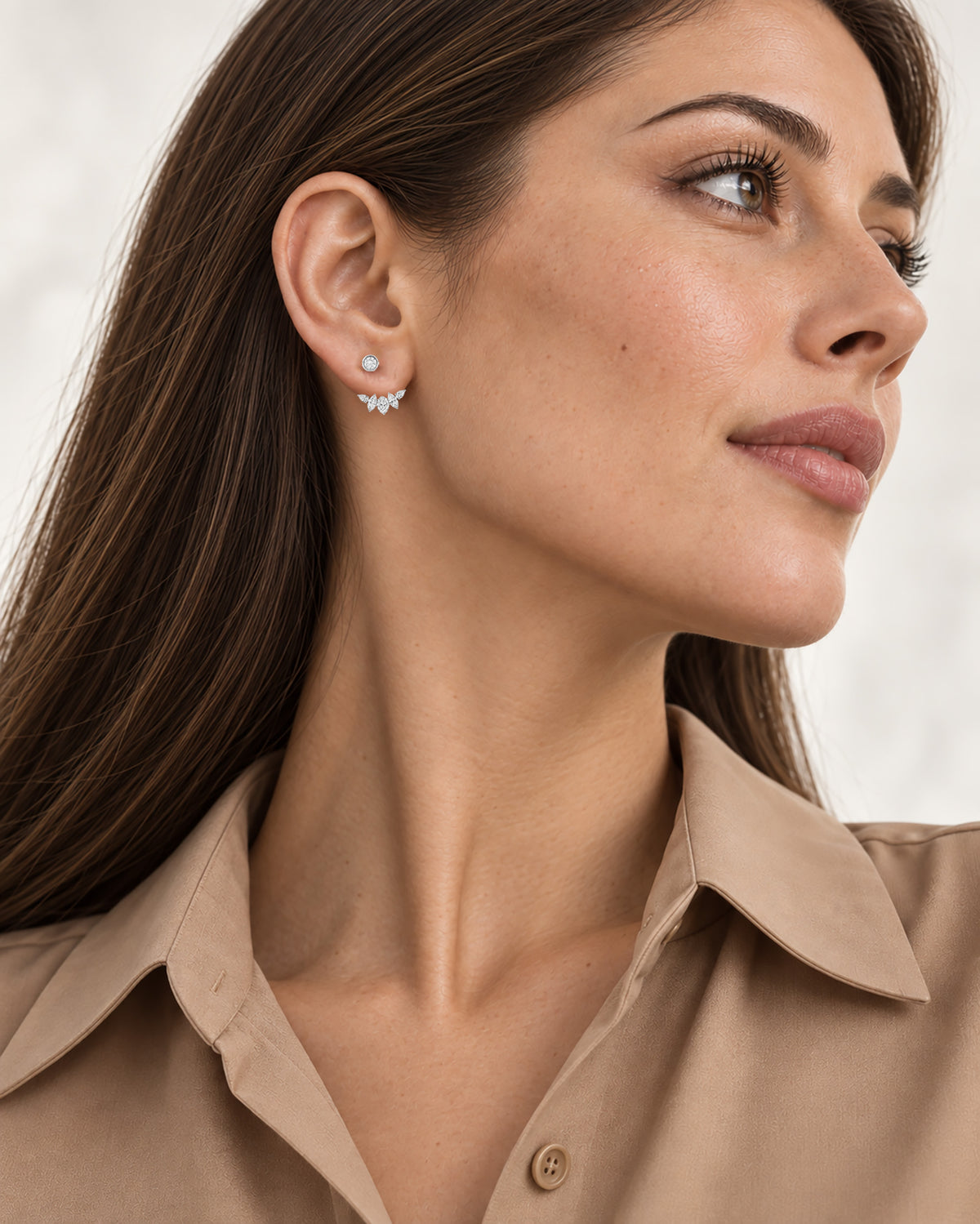 Siena Marquise Jacket Earrings — worn with a tan blouse