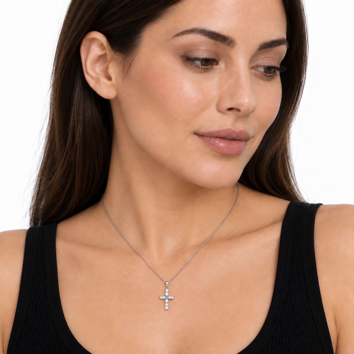 Evangelina Cross Birthstone Pendant Necklace silver model 1 small