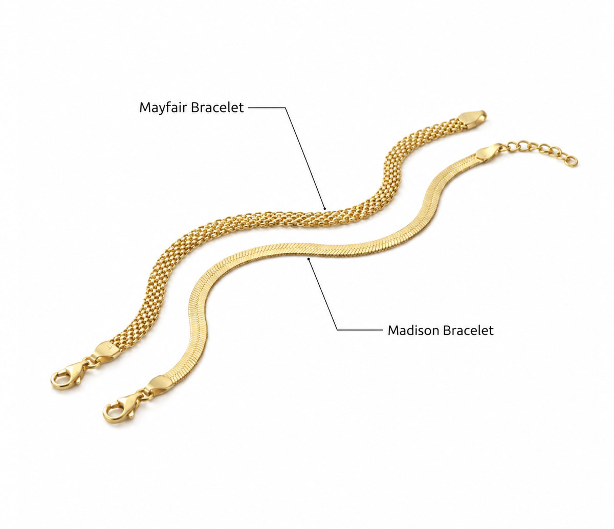 Gold finish: Mayfair Bracelet above Madison Bracelet