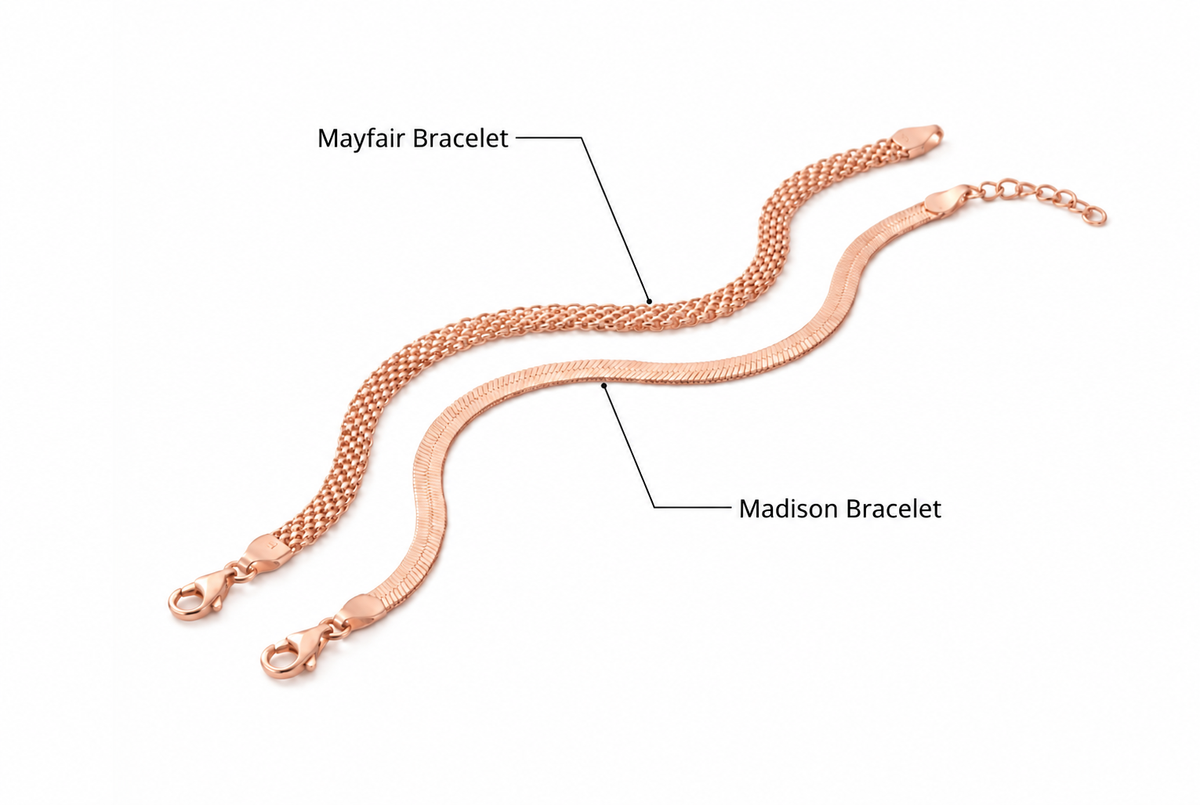 Rose gold finish: Mayfair Bracelet above Madison Bracelet