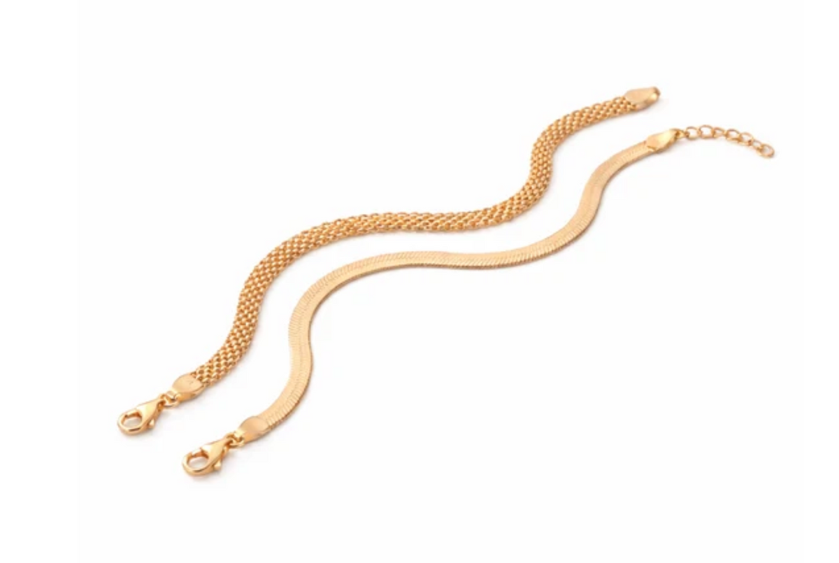 Rose gold Mayfair and Madison bracelet duo on a white background