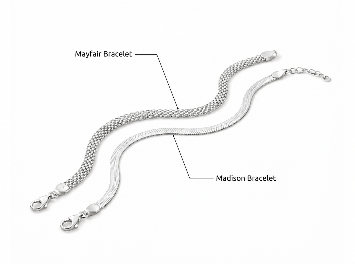 Silver finish: Mayfair Bracelet above Madison Bracelet