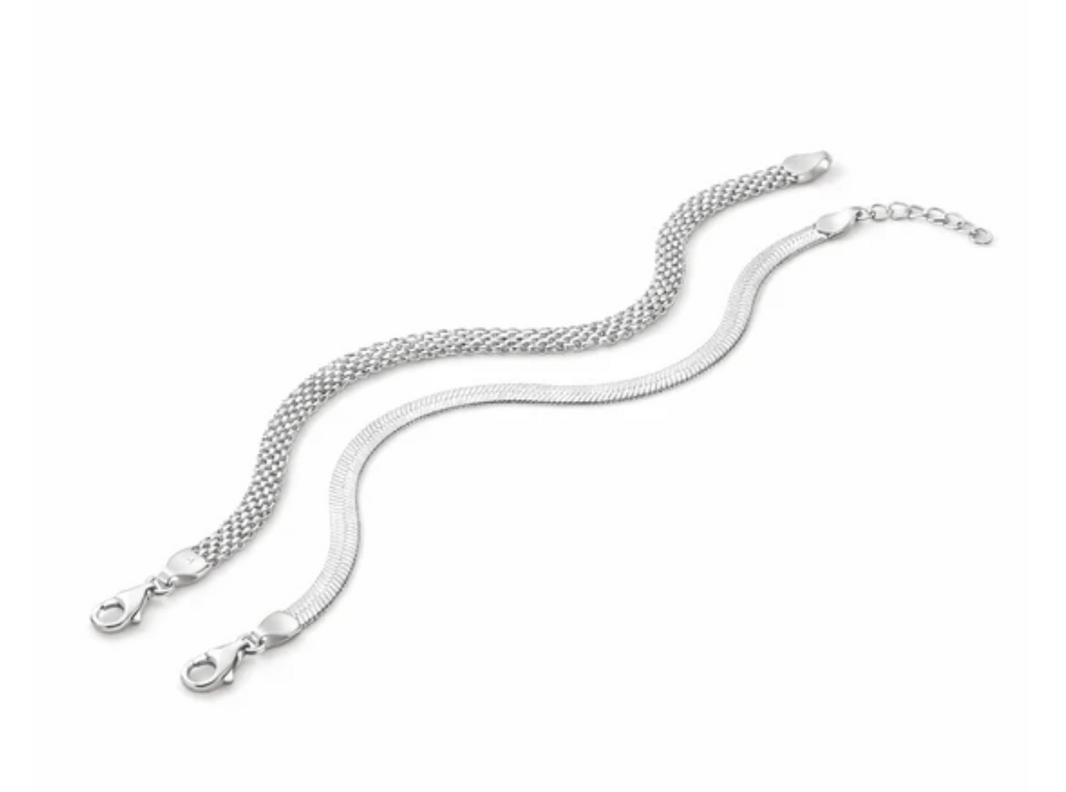Silver Mayfair and Madison bracelet duo on a white background