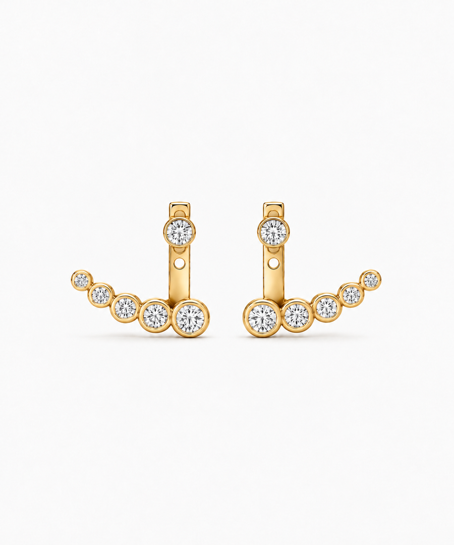 Aika Bezel Climber Earrings — Yellow Gold on white background