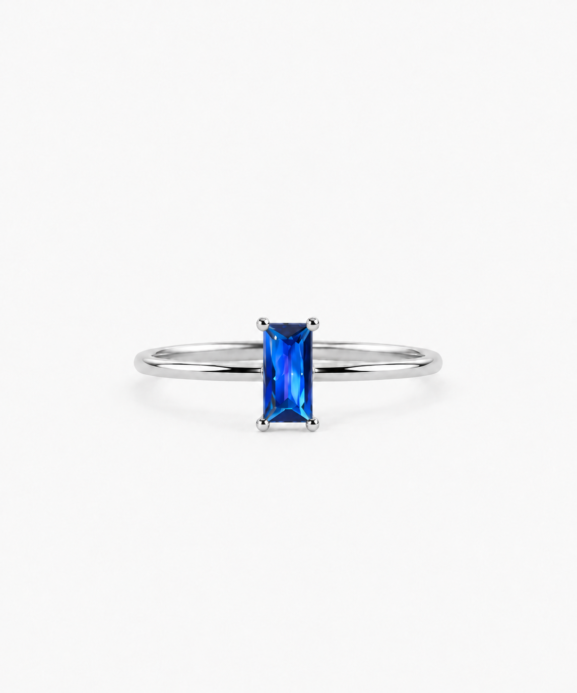 León Baguette Sapphire Ring in silver on white background