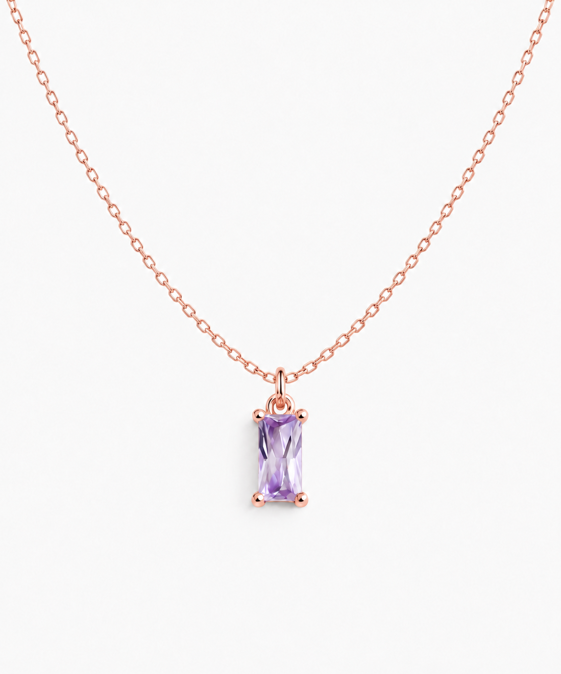 Vélva Baguette Amethyst Necklace — Rose Gold on white background