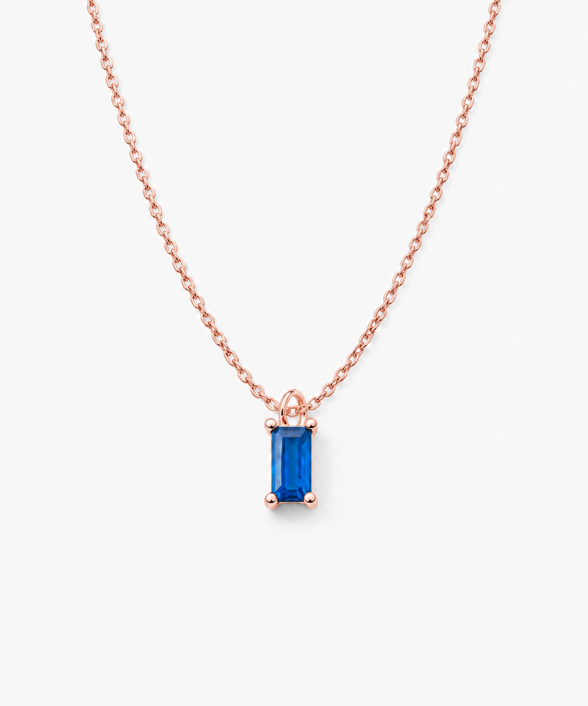 León Sapphire Baguette Necklace — Rose Gold on white background