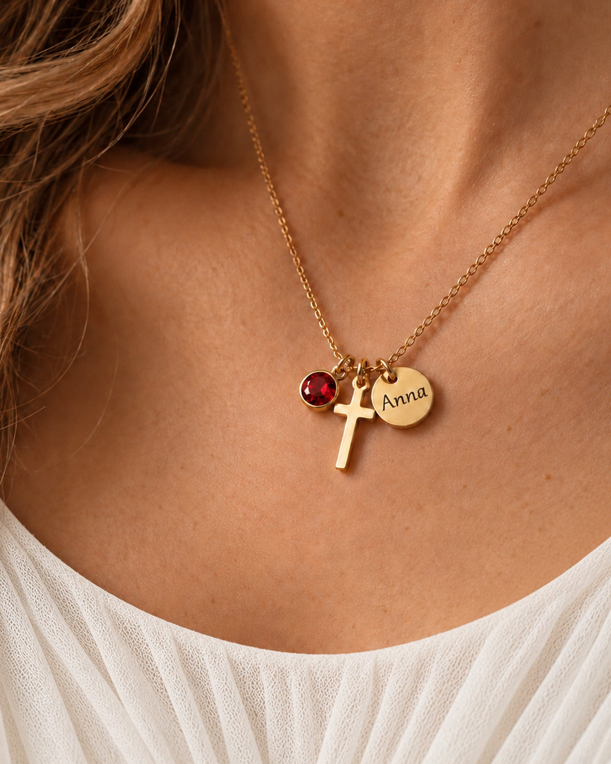Trinity Cross Disc Birthstone Necklace in gold worn on model — detail view