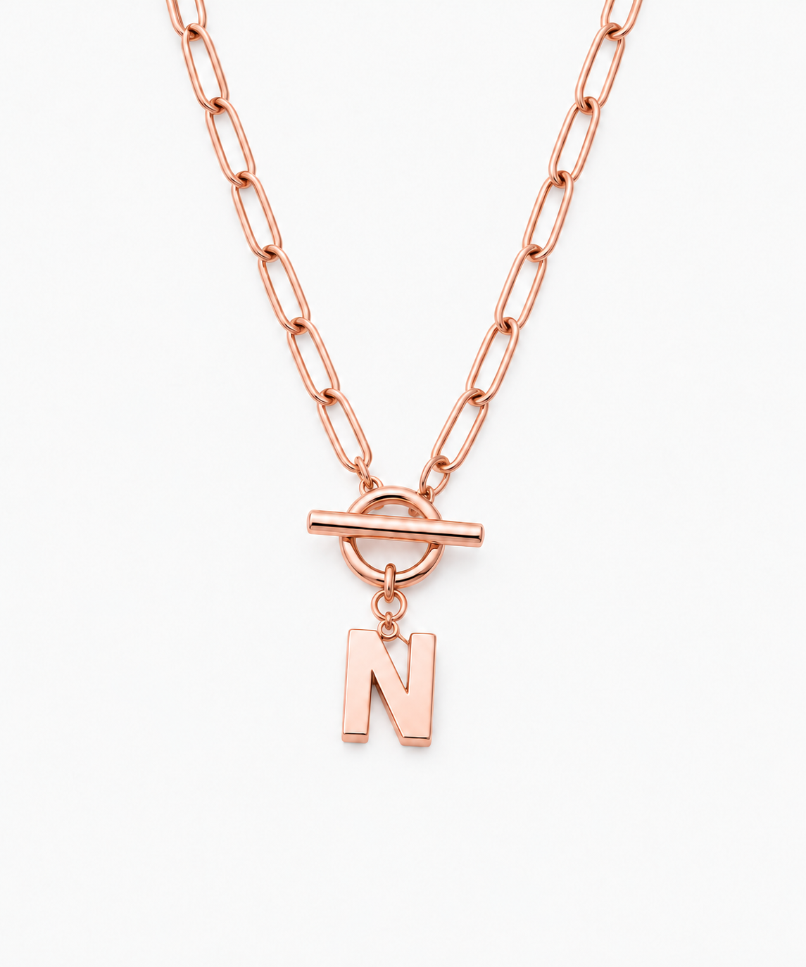 Yeon Paperclip Initial Necklace — Rose Gold on white background