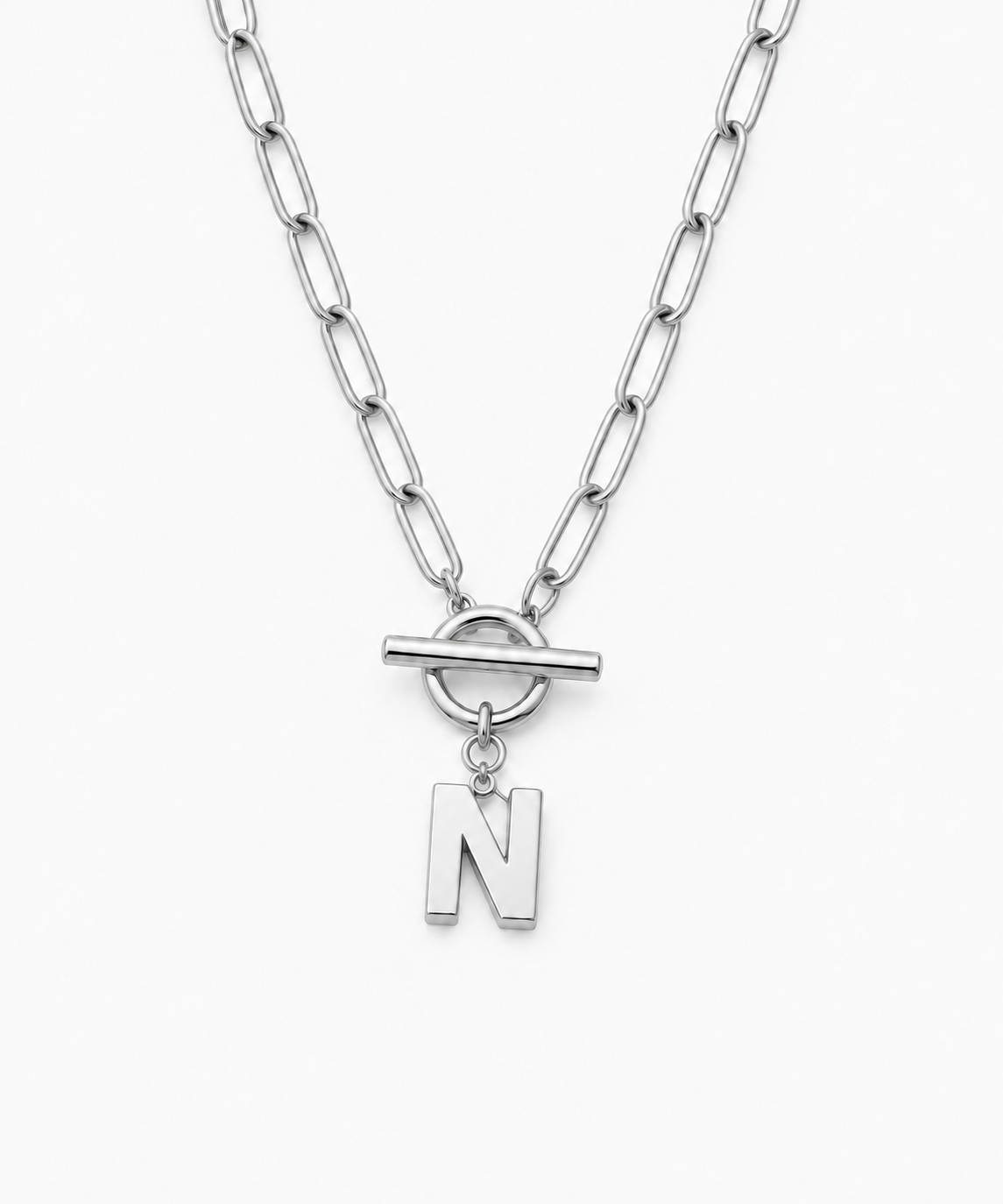 Yeon Paperclip Initial Necklace — Silver on white background