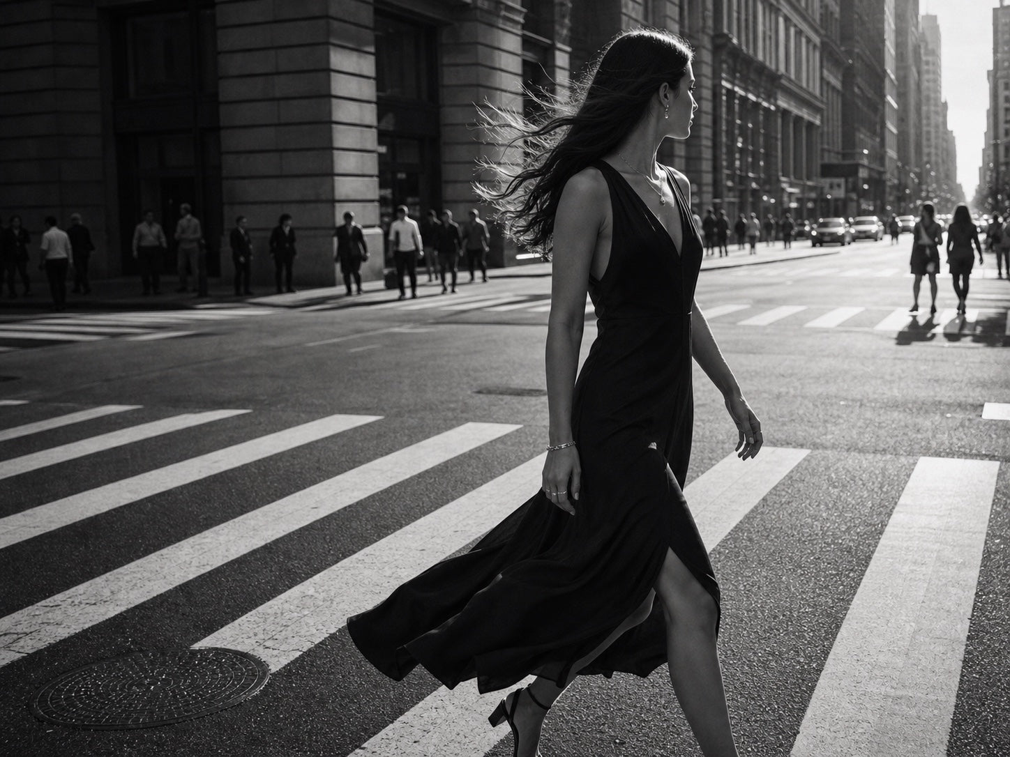 SURI model wearing jewelry while crossing a downtown city street
