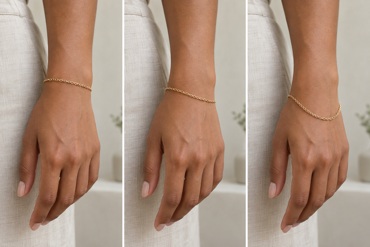 Three examples of progressively looser chain bracelet fit