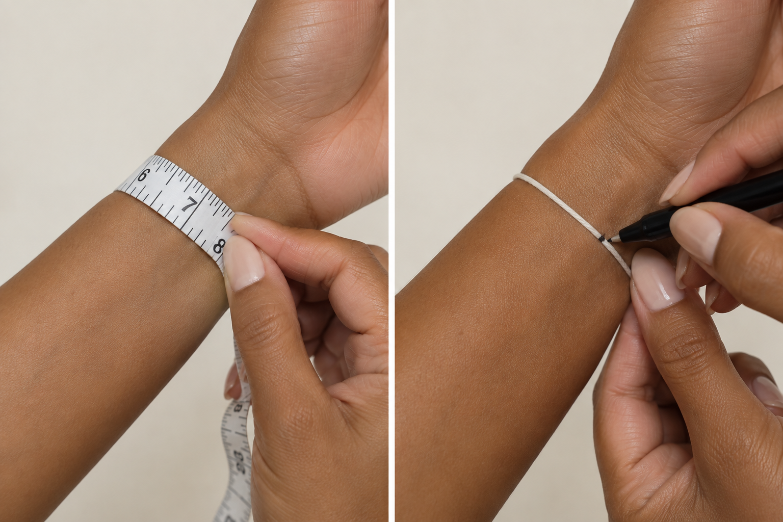Two wrist measuring methods: flexible tape and string marked at the overlap