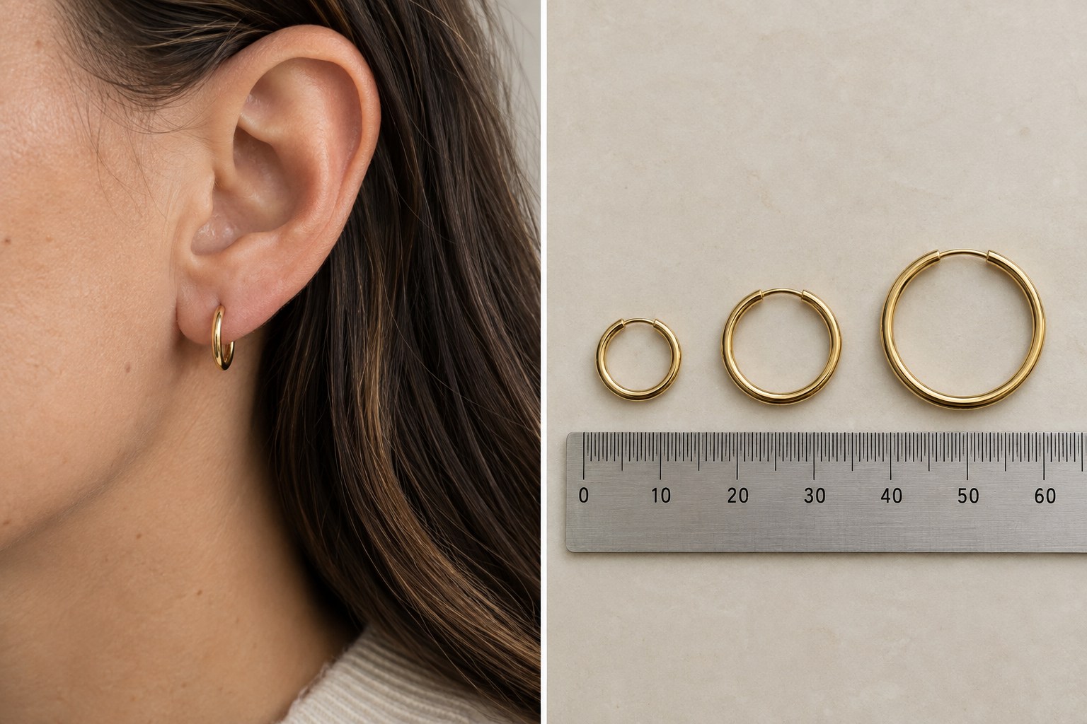 Small hoop worn on an ear beside three graduated hoops and a ruler