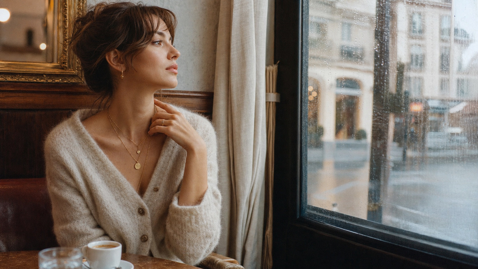 Model wearing layered Suri solid gold jewelry by a rain-streaked cafe window