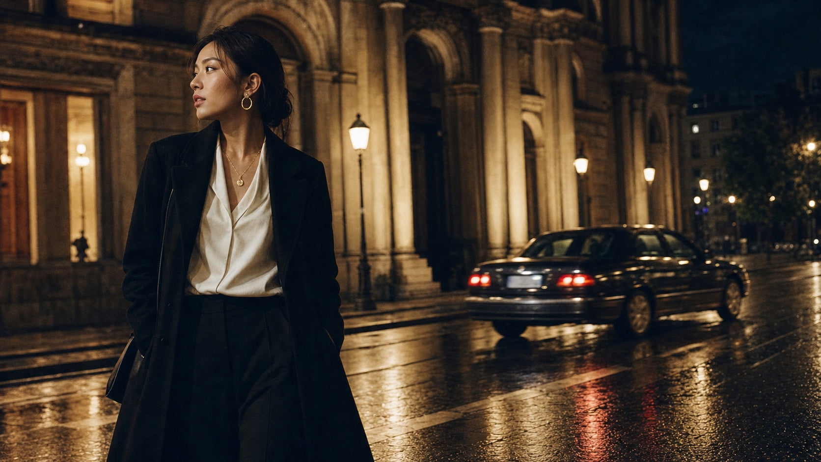 Model wearing Suri solid gold jewelry beside a grand city arcade at night
