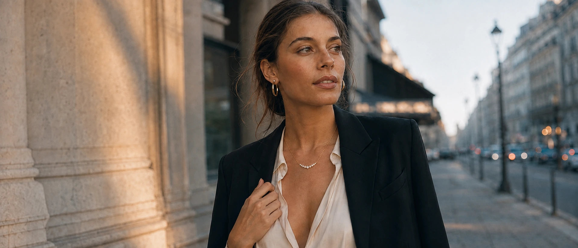 Model wearing Verona Graduated Diamond Curve Necklace