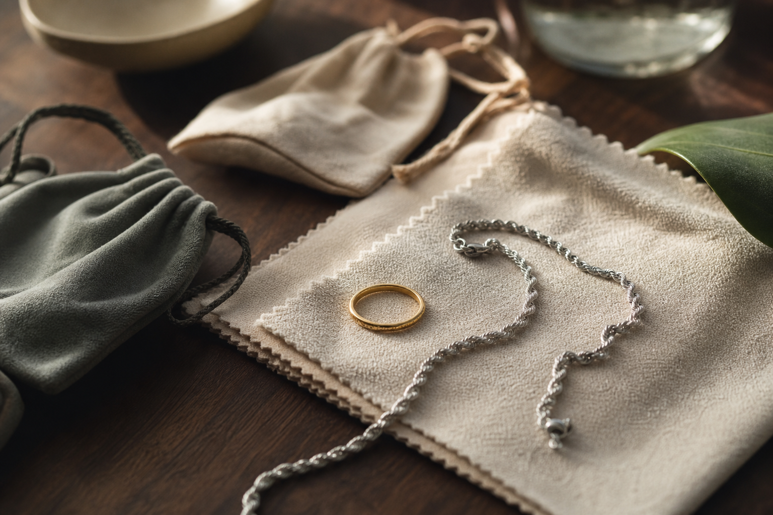 Gold and silver jewelry with a soft polishing cloth and individual pouches