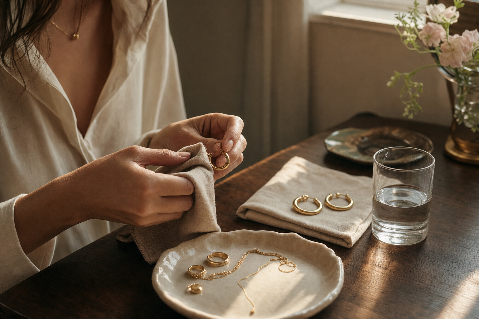 Gold jewelry being polished by hand in warm window light