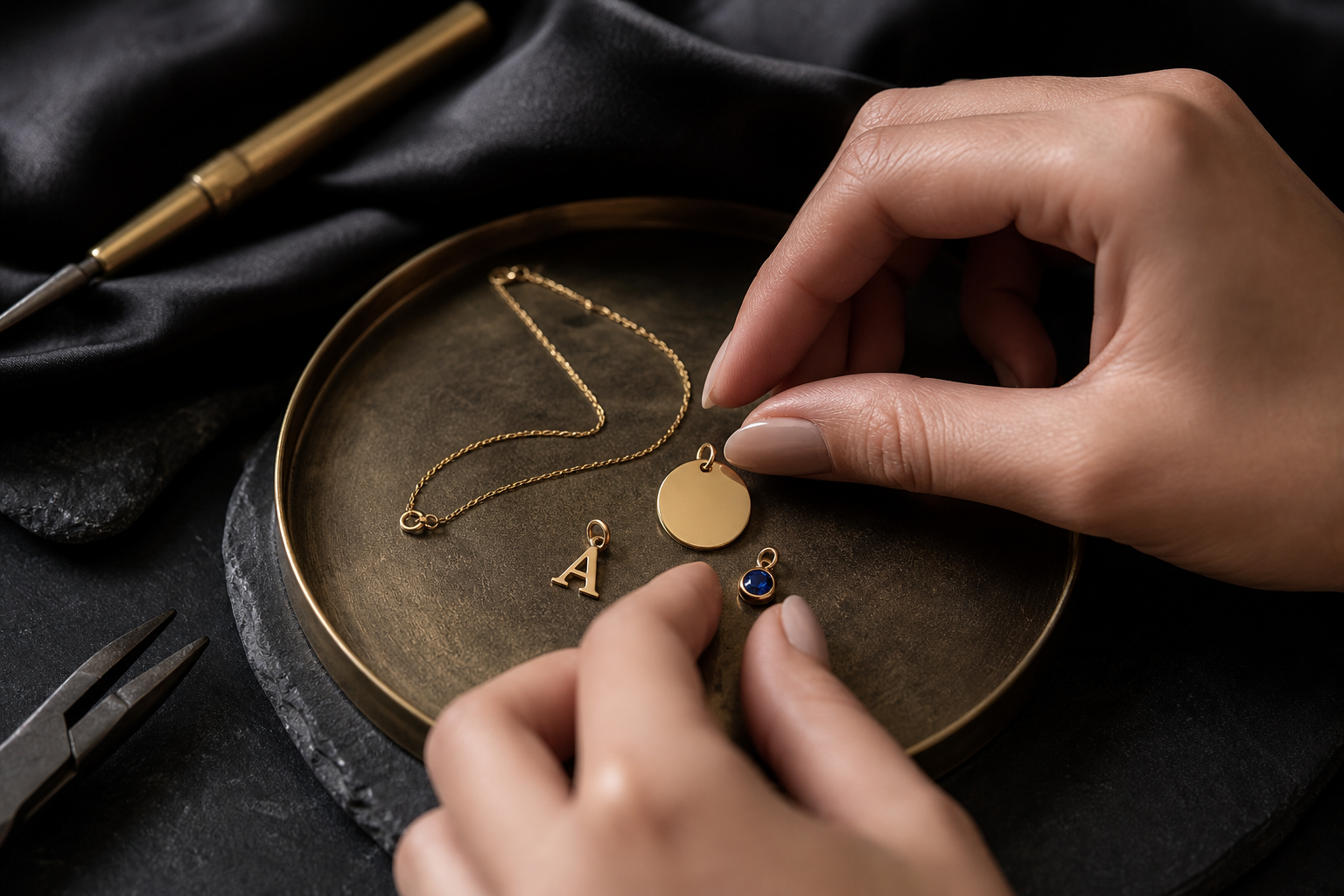 Personalized initial and birthstone necklace details