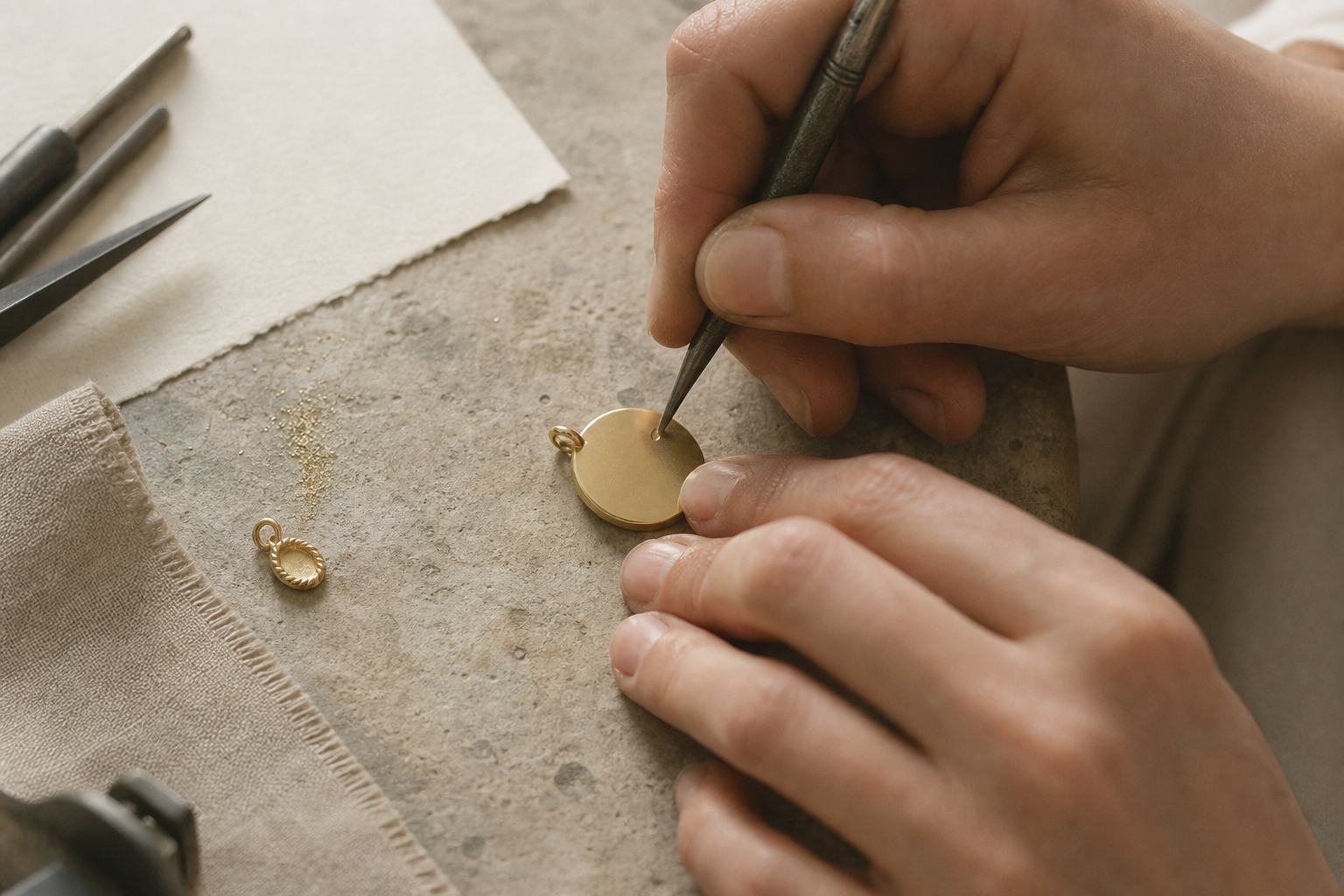 Engravable gold medallion and initial charm in the Suri atelier