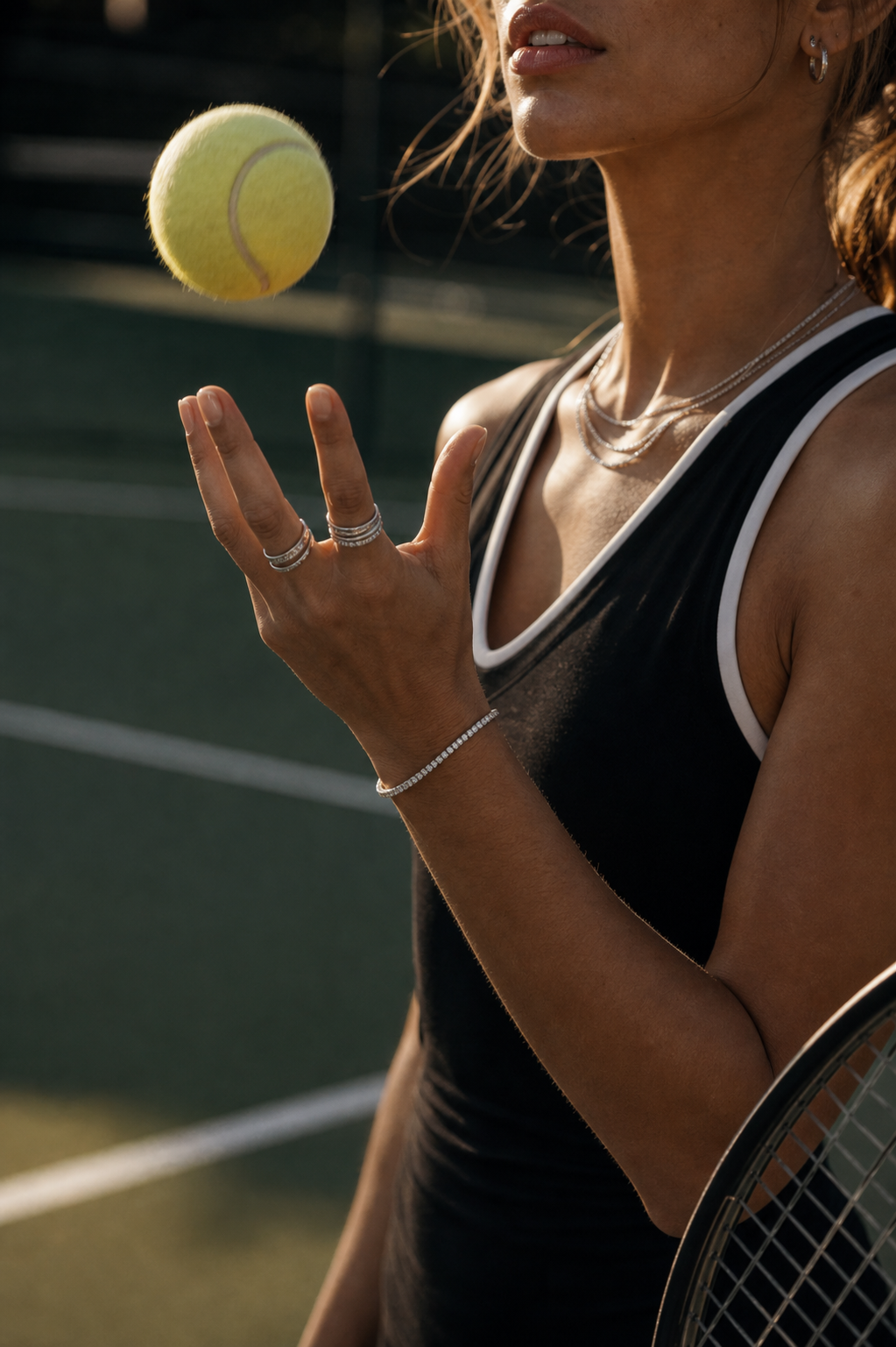 Suri Sport jewelry in motion on the tennis court
